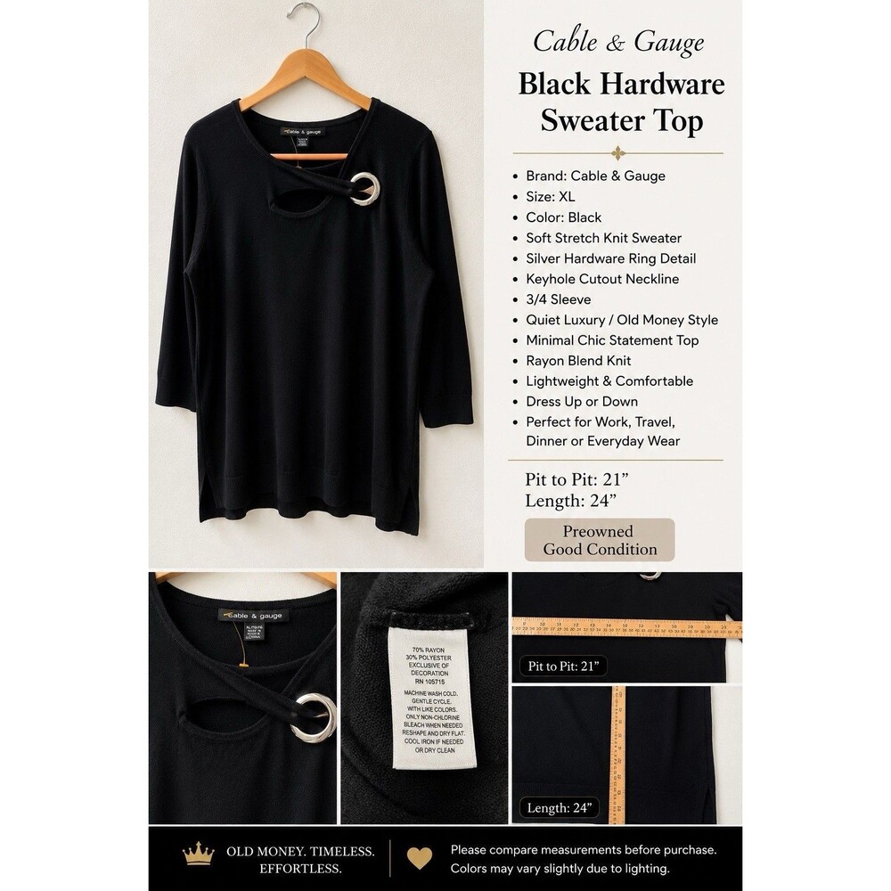 Cable & Gauge Top Womens XL Black Top Blouse  Womens XL Old Money Luxe